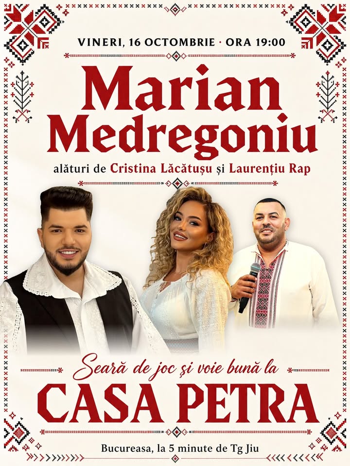 Vineri, 16 octombrie, de la ora 19:00, seară de joc și voie bună la Casa Petra! Cântă Mari