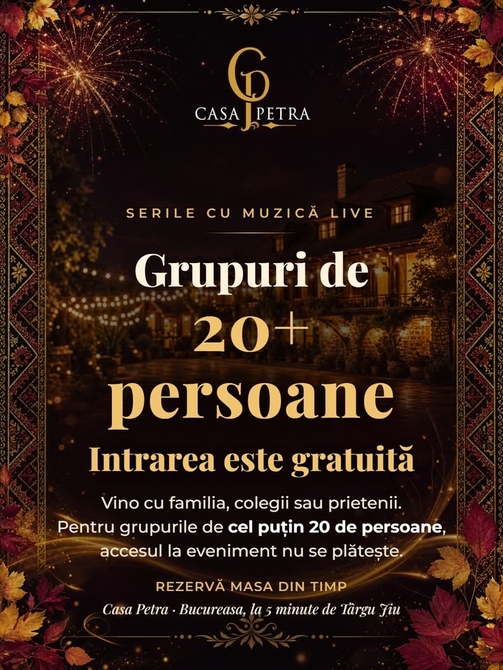 Vă așteptăm în grup la serile cu muzică live de la Casa Petra! Pentru grupurile de cel puț